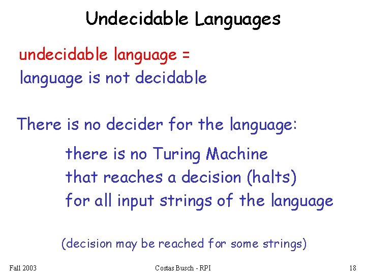 Undecidable Languages undecidable language = language is not decidable There is no decider for