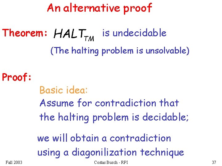 An alternative proof Theorem: is undecidable (The halting problem is unsolvable) Proof: Basic idea: