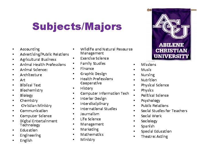 Subjects/Majors • • • • • Accounting Advertising/Public Relations Agricultural Business Animal Health Professions