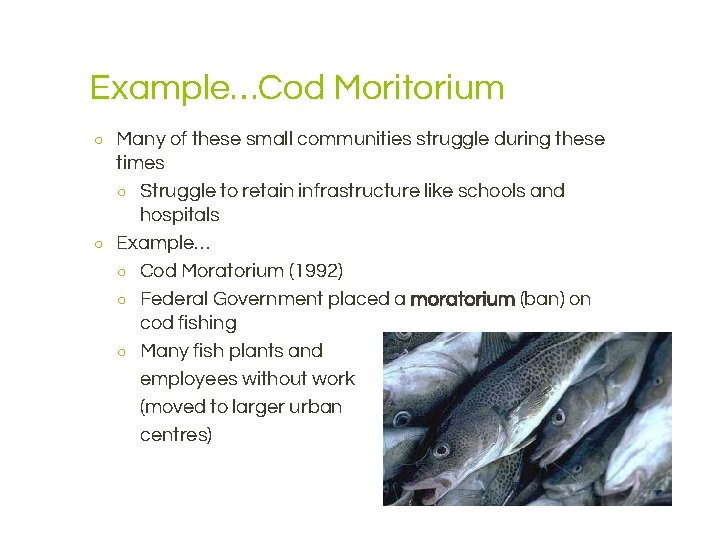 Example…Cod Moritorium ○ ○ Many of these small communities struggle during these times ○