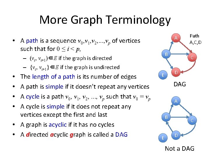 More Graph Terminology A • A path is a sequence v 0, v 1,