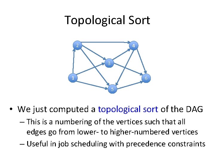Topological Sort 2 4 3 1 6 5 • We just computed a topological