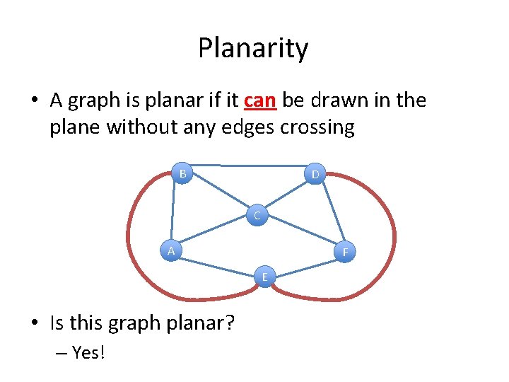 Planarity • A graph is planar if it can be drawn in the plane