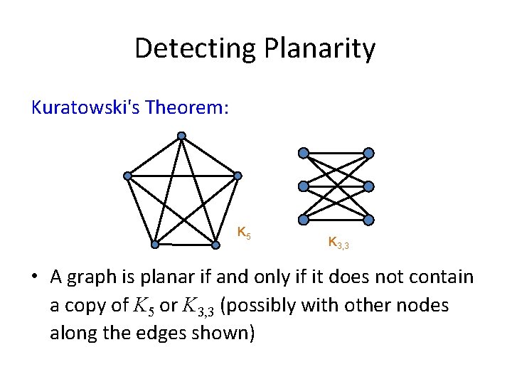 Detecting Planarity Kuratowski's Theorem: K 5 K 3, 3 • A graph is planar