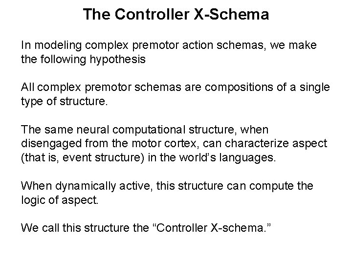 The Controller X-Schema In modeling complex premotor action schemas, we make the following hypothesis