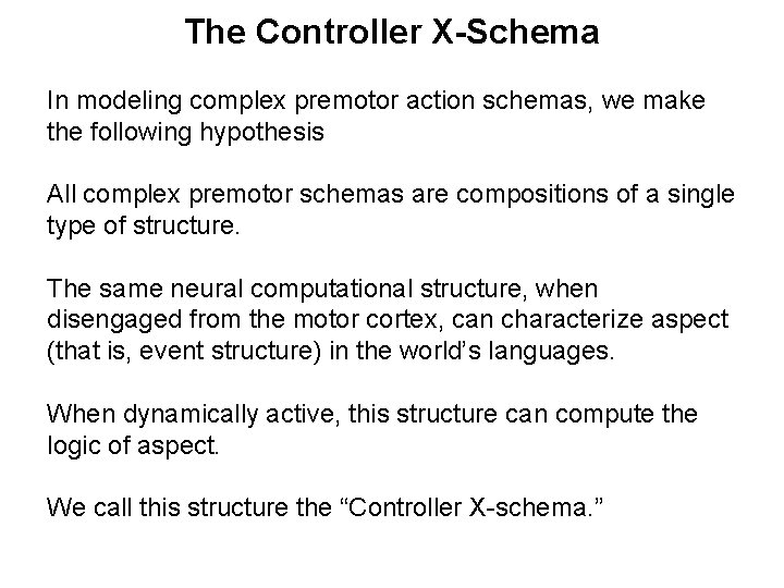The Controller X-Schema In modeling complex premotor action schemas, we make the following hypothesis