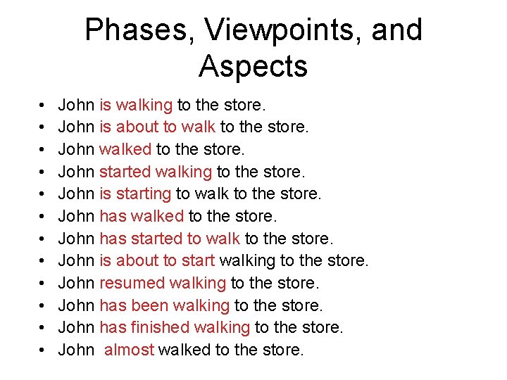 Phases, Viewpoints, and Aspects • • • John is walking to the store. John