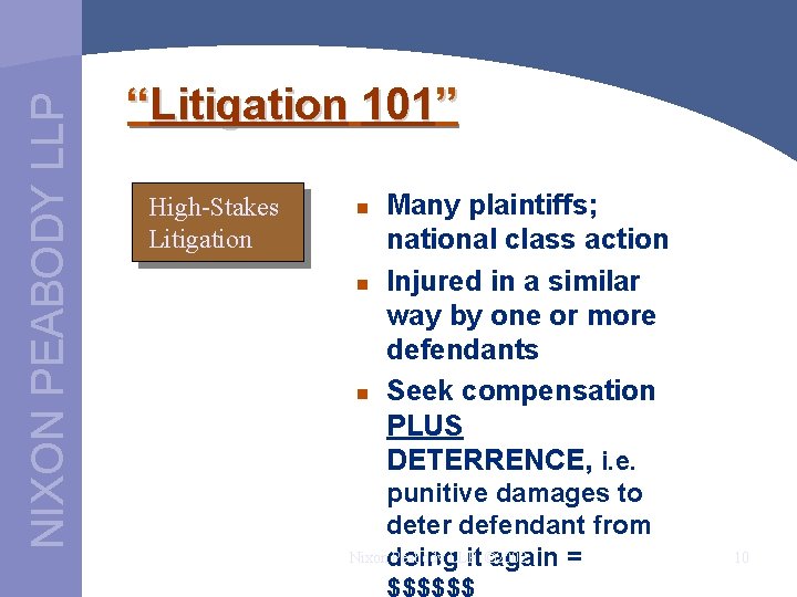 NIXON PEABODY LLP “Litigation 101” High-Stakes Litigation n Many plaintiffs; national class action Injured