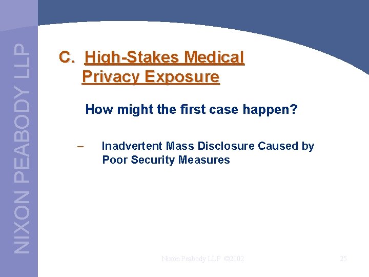 NIXON PEABODY LLP C. High-Stakes Medical Privacy Exposure How might the first case happen?