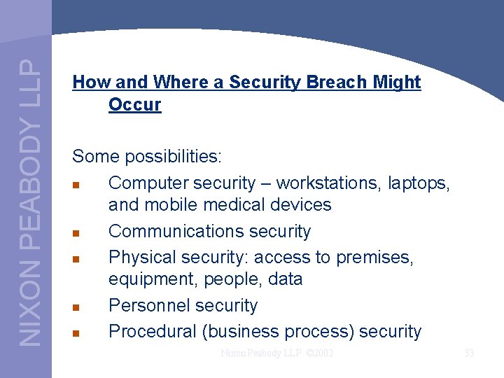 NIXON PEABODY LLP How and Where a Security Breach Might Occur Some possibilities: n