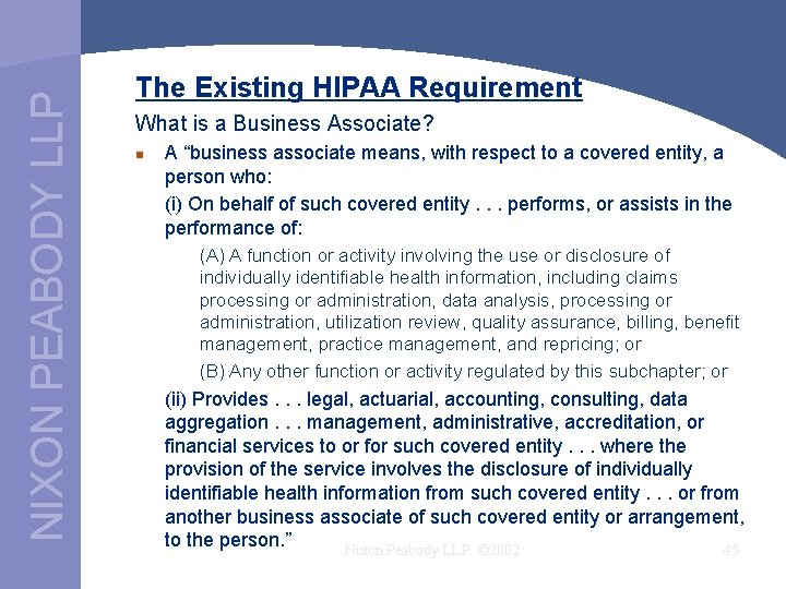 NIXON PEABODY LLP The Existing HIPAA Requirement What is a Business Associate? n A