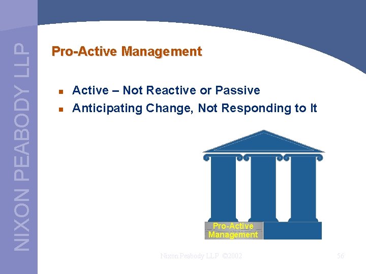 NIXON PEABODY LLP Pro-Active Management n n Active – Not Reactive or Passive Anticipating
