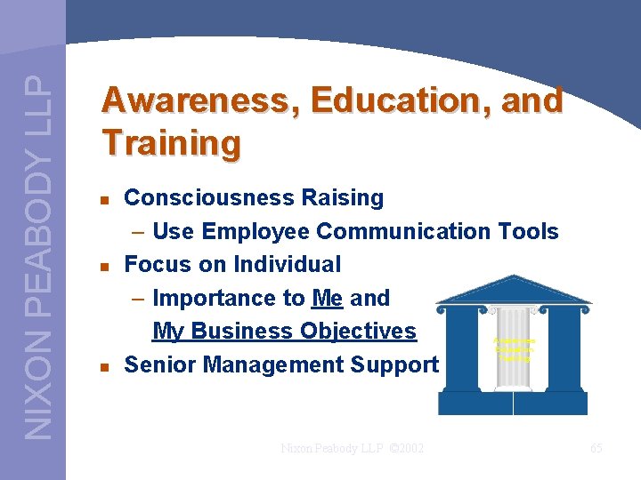 NIXON PEABODY LLP Awareness, Education, and Training n n n Consciousness Raising – Use