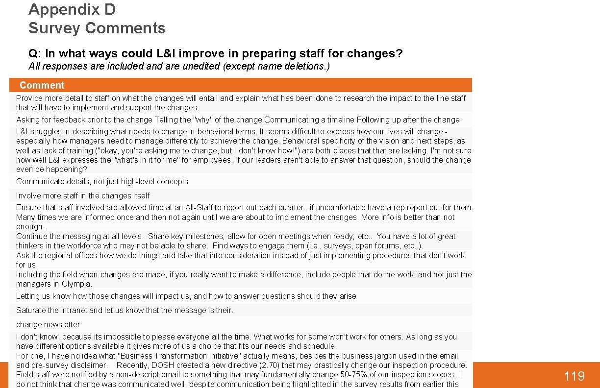 Appendix D Survey Comments Q: In what ways could L&I improve in preparing staff