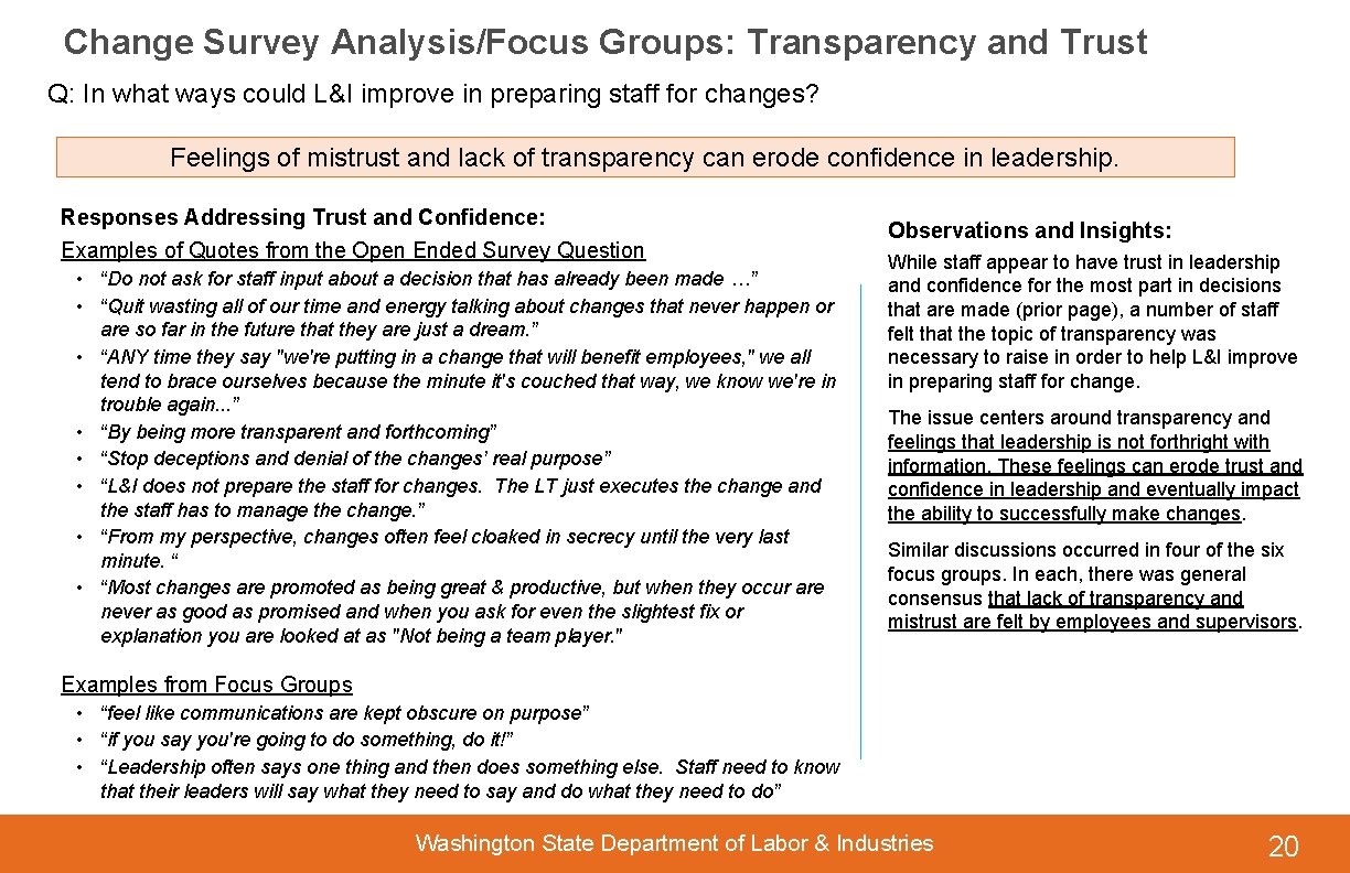 Change Survey Analysis/Focus Groups: Transparency and Trust Q: In what ways could L&I improve