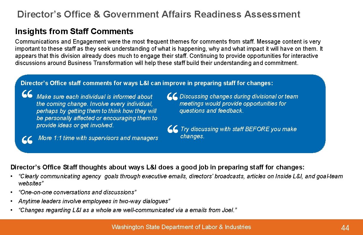 Director’s Office & Government Affairs Readiness Assessment Insights from Staff Comments Communications and Engagement