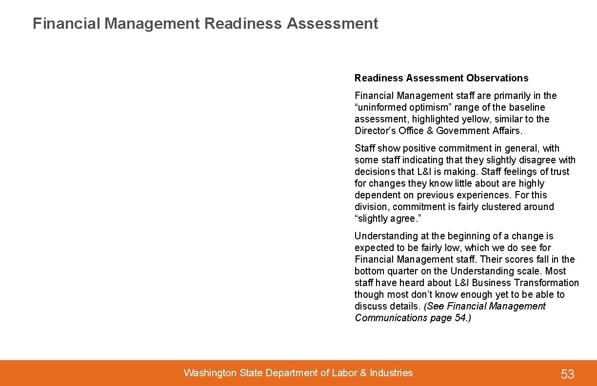 Financial Management Readiness Assessment Observations Financial Management staff are primarily in the “uninformed optimism”