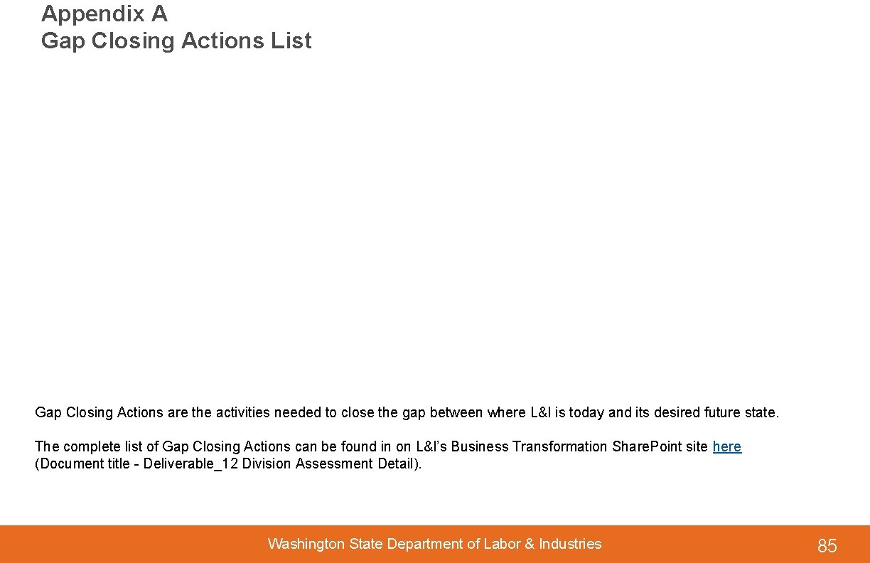 Appendix A Gap Closing Actions List Gap Closing Actions are the activities needed to