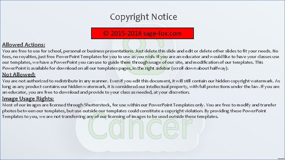 Copyright Notice © 2015 -2018 sage-fox. com Allowed Actions: You are free to use