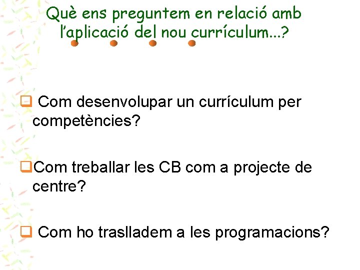 Què ens preguntem en relació amb l’aplicació del nou currículum. . . ? q
