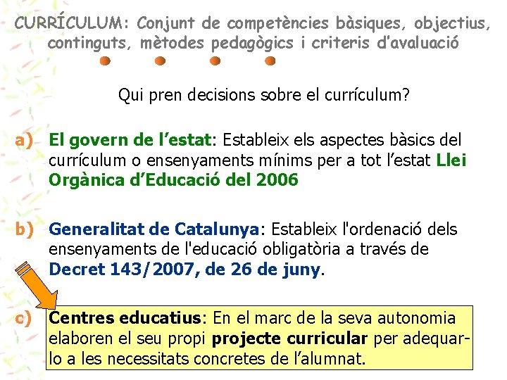 CURRÍCULUM: Conjunt de competències bàsiques, objectius, continguts, mètodes pedagògics i criteris d’avaluació Qui pren