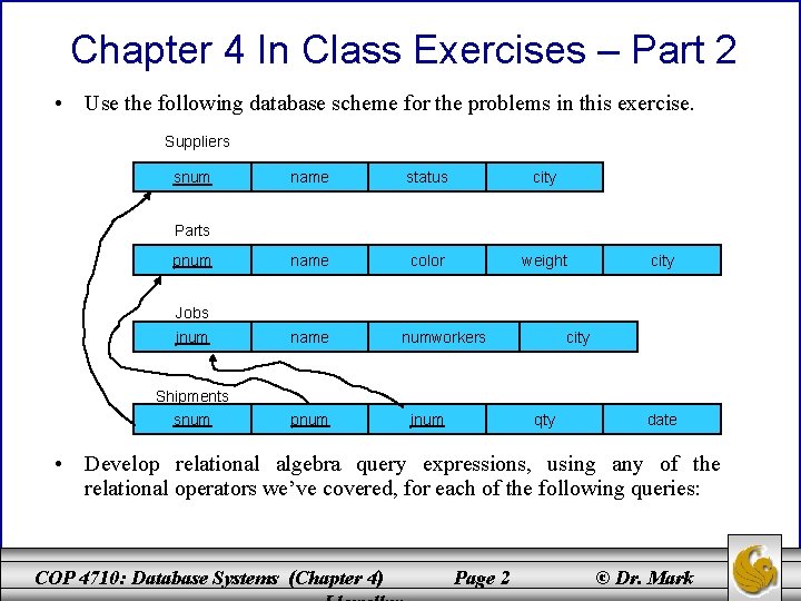 Chapter 4 In Class Exercises – Part 2 • Use the following database scheme