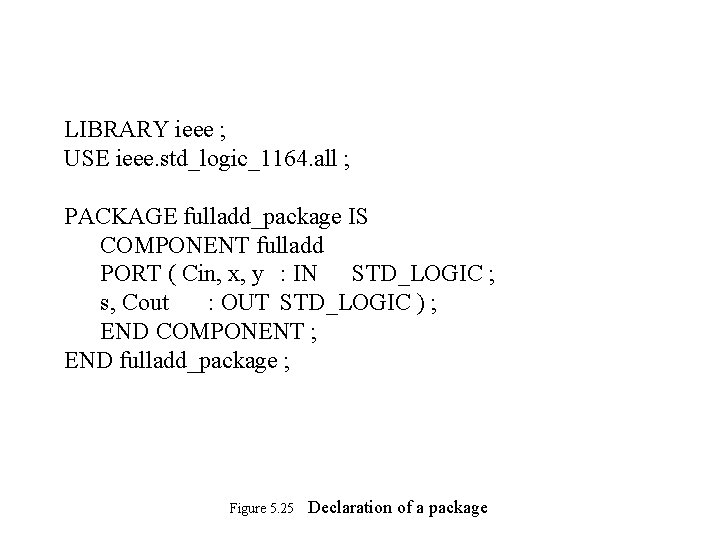 LIBRARY ieee ; USE ieee. std_logic_1164. all ; PACKAGE fulladd_package IS COMPONENT fulladd PORT