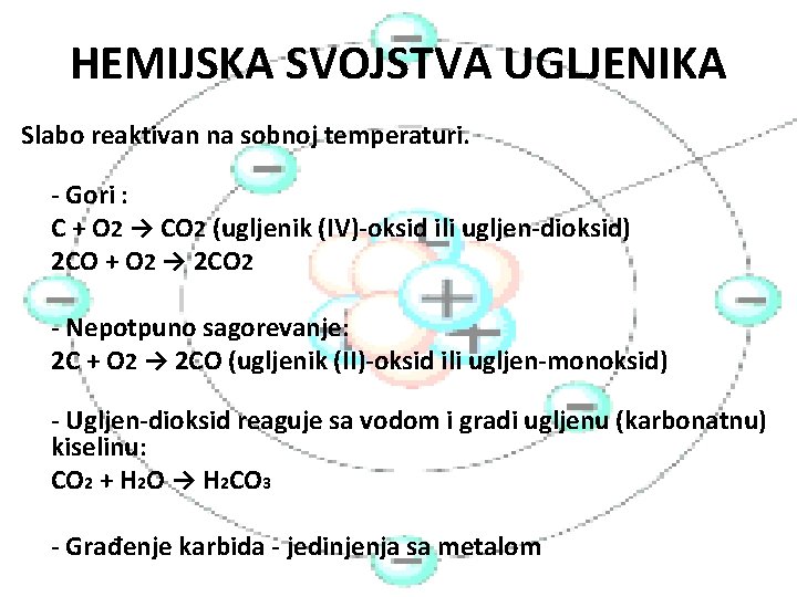 HEMIJSKA SVOJSTVA UGLJENIKA Slabo reaktivan na sobnoj temperaturi. - Gori : C + O