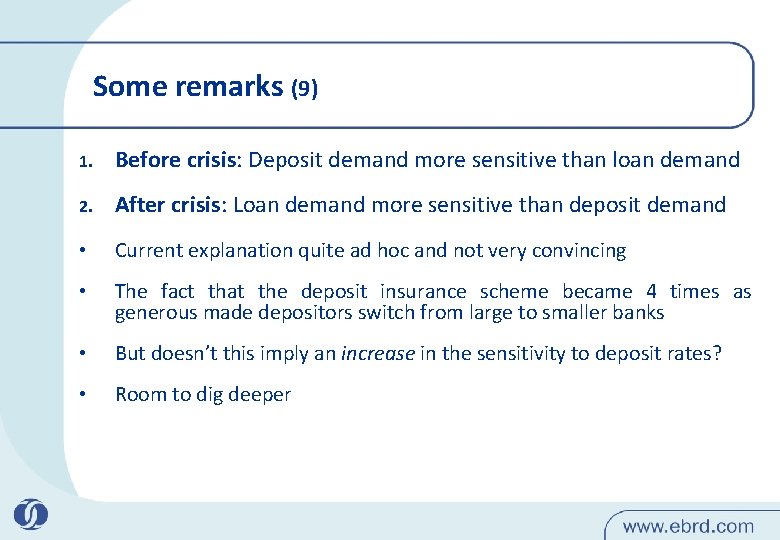Some remarks (9) 1. Before crisis: Deposit demand more sensitive than loan demand 2.