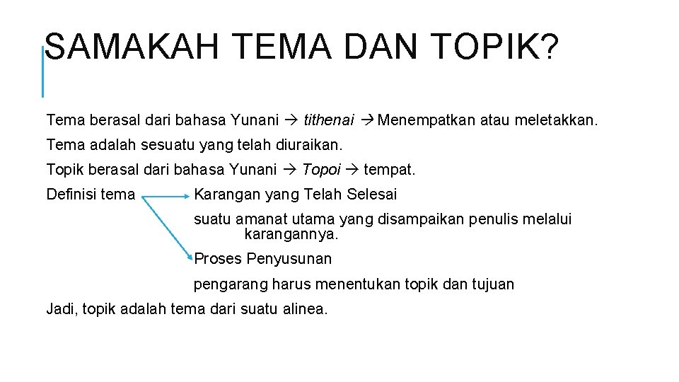 SAMAKAH TEMA DAN TOPIK? Tema berasal dari bahasa Yunani tithenai Menempatkan atau meletakkan. Tema