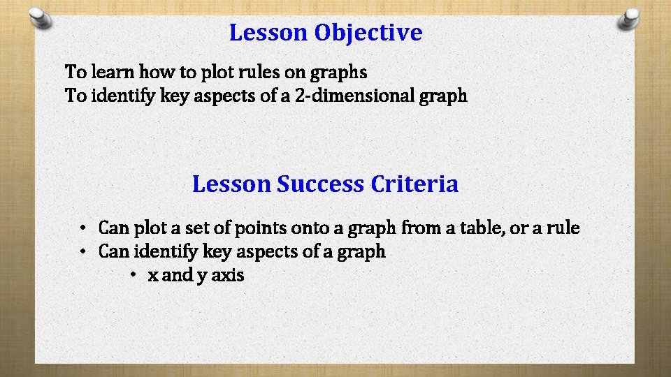 Lesson Objective To learn how to plot rules on graphs To identify key aspects