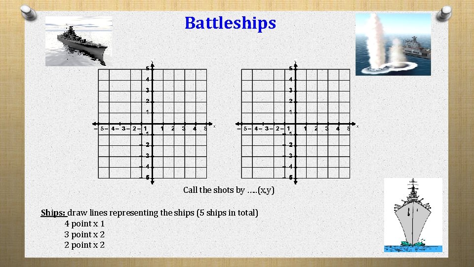 Battleships Call the shots by …. . (x, y) Ships: draw lines representing the