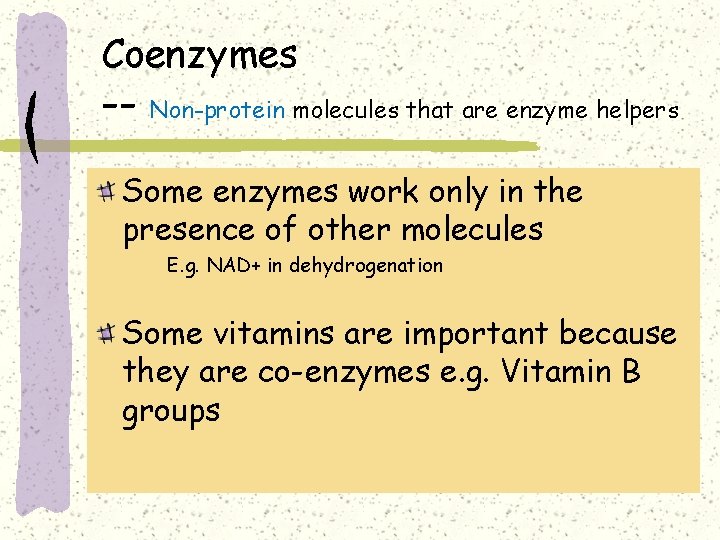 Coenzymes -- Non-protein molecules that are enzyme helpers Some enzymes work only in the