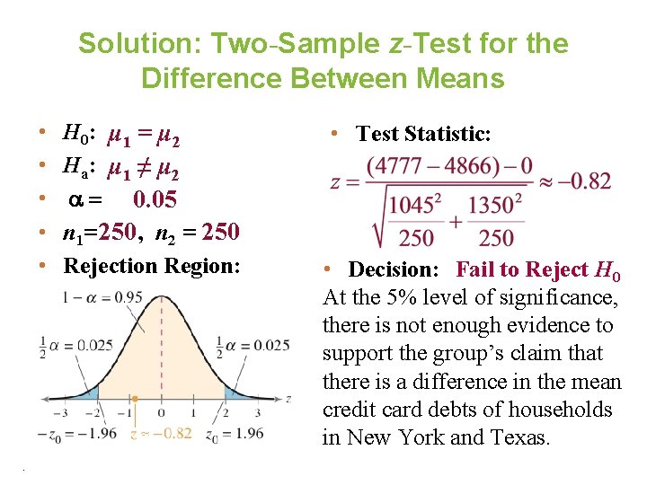 Solution: Two-Sample z-Test for the Difference Between Means • • • . H 0: