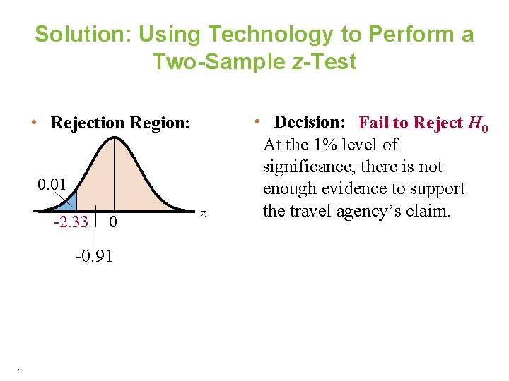 Solution: Using Technology to Perform a Two-Sample z-Test • Rejection Region: 0. 01 -2.