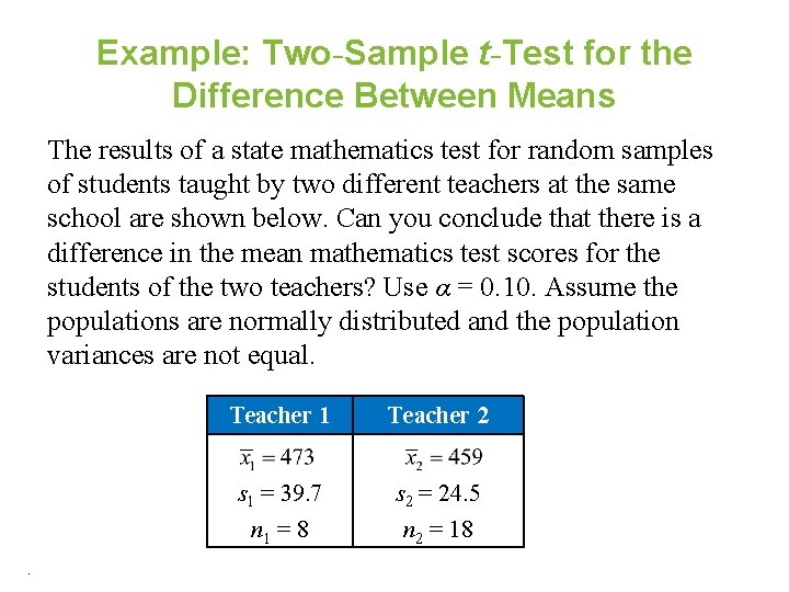 Example: Two-Sample t-Test for the Difference Between Means The results of a state mathematics