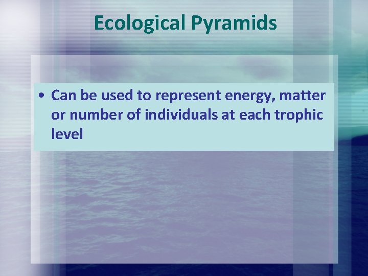 Ecological Pyramids • Can be used to represent energy, matter or number of individuals Ecological Pyramids • Can be used to represent energy, matter or number of individuals