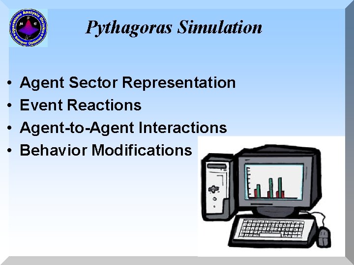 Pythagoras Simulation • • Agent Sector Representation Event Reactions Agent-to-Agent Interactions Behavior Modifications 