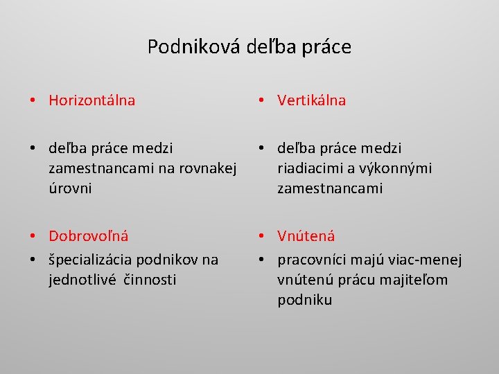 Podniková deľba práce • Horizontálna • Vertikálna • deľba práce medzi zamestnancami na rovnakej