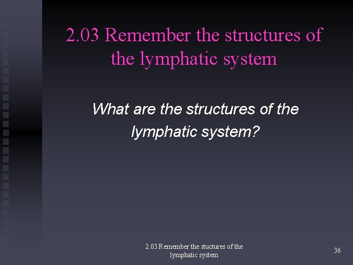 2. 03 Remember the structures of the lymphatic system What are the structures of