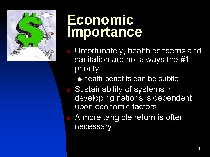 Economic Importance n Unfortunately, health concerns and sanitation are not always the #1 priority