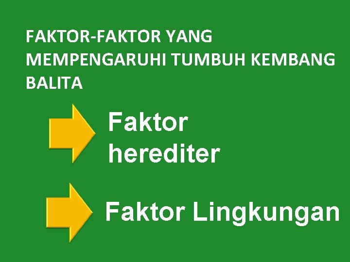 FAKTOR-FAKTOR YANG MEMPENGARUHI TUMBUH KEMBANG BALITA Faktor herediter Faktor Lingkungan 