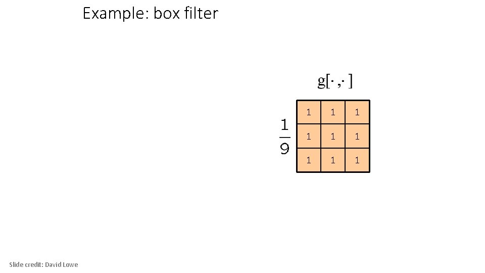 Example: box filter Slide credit: David Lowe 1 1 1 1 1 