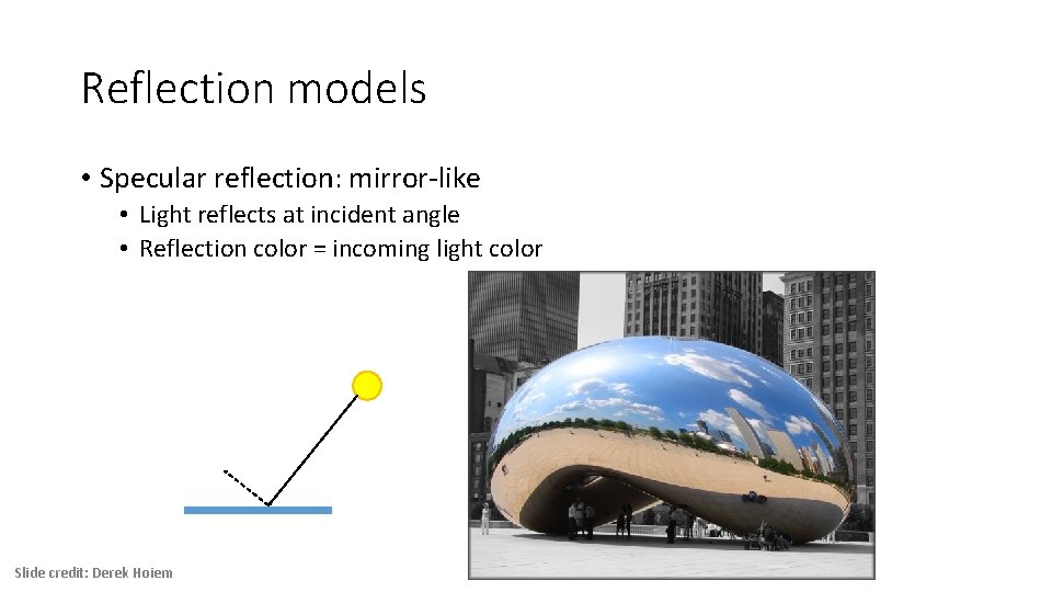 Reflection models • Specular reflection: mirror-like • Light reflects at incident angle • Reflection