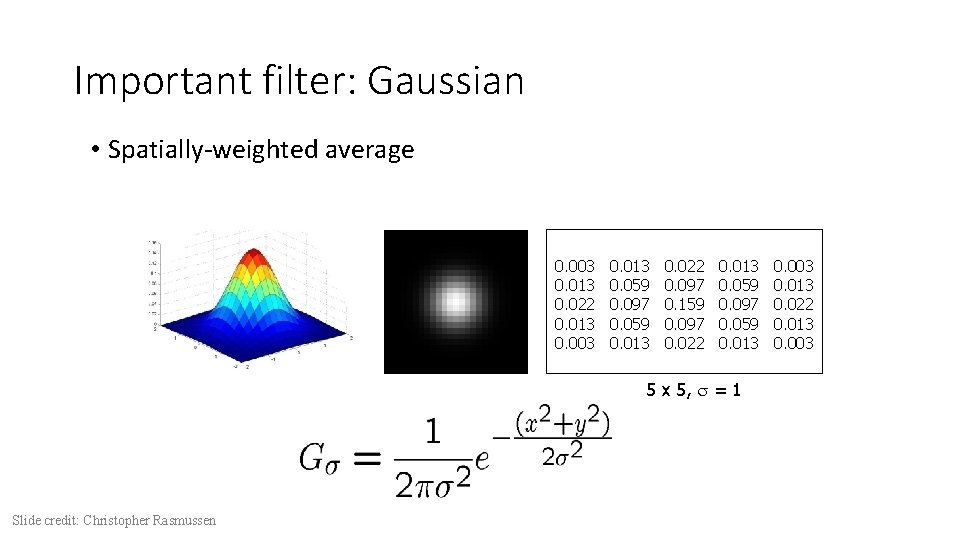 Important filter: Gaussian • Spatially-weighted average 0. 003 0. 013 0. 022 0. 013
