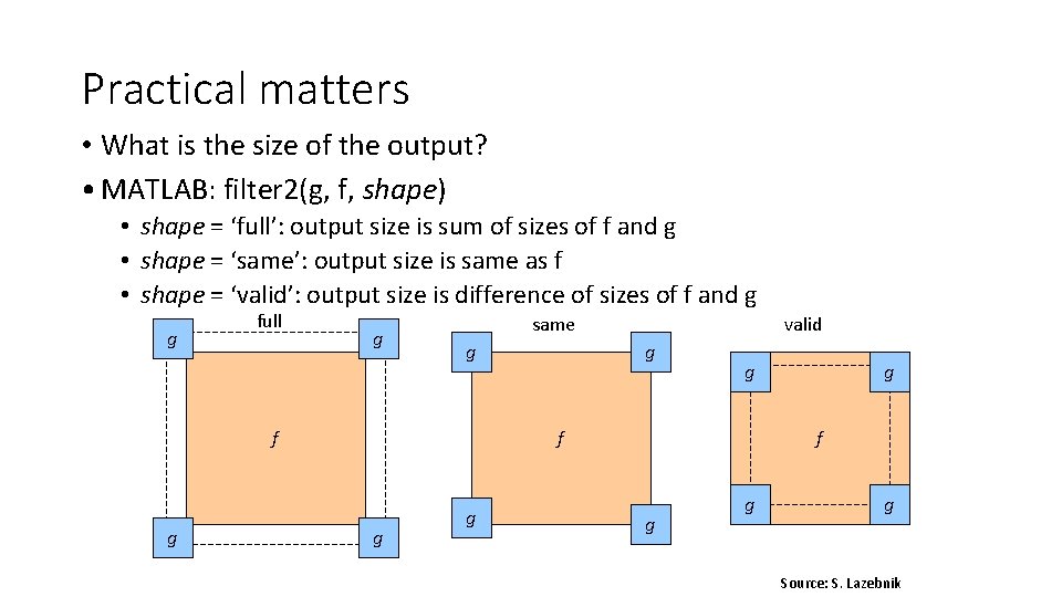 Practical matters • What is the size of the output? • MATLAB: filter 2(g,