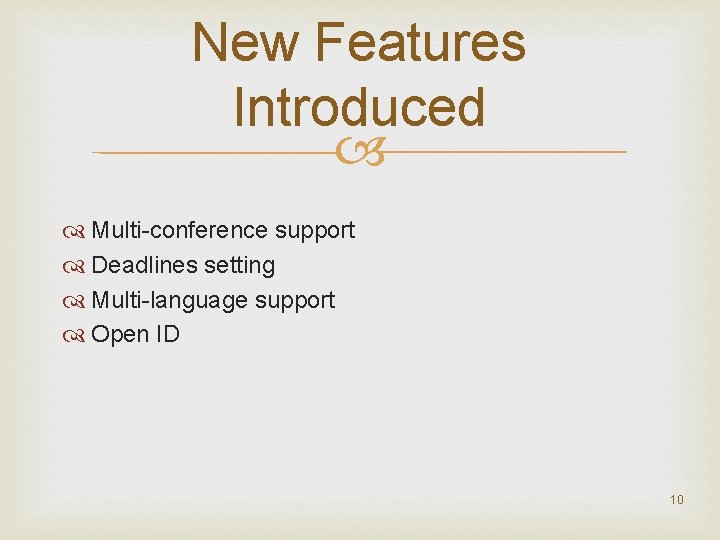 New Features Introduced Multi-conference support Deadlines setting Multi-language support Open ID 10 