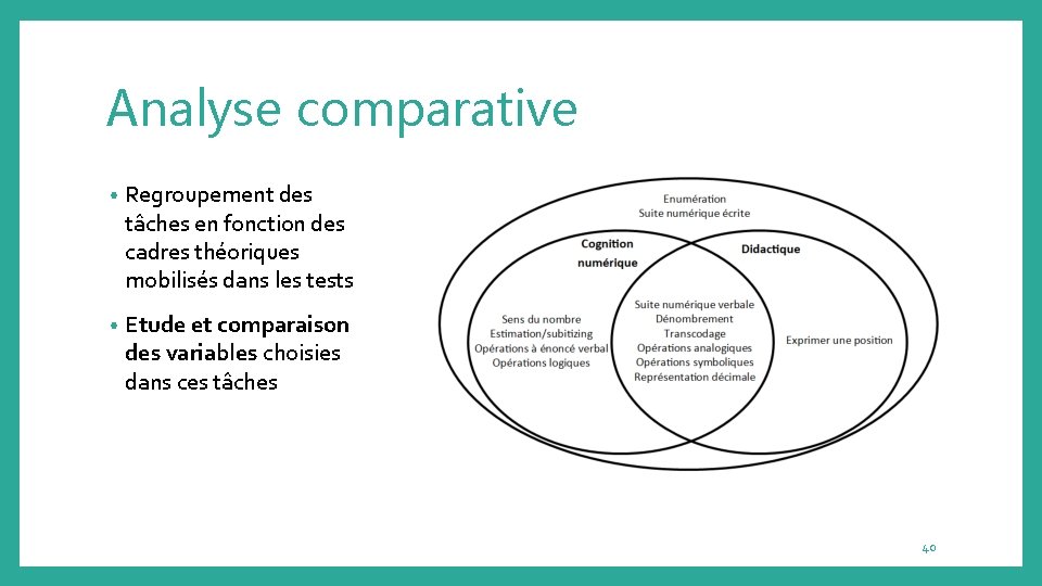 Analyse comparative • Regroupement des tâches en fonction des cadres théoriques mobilisés dans les