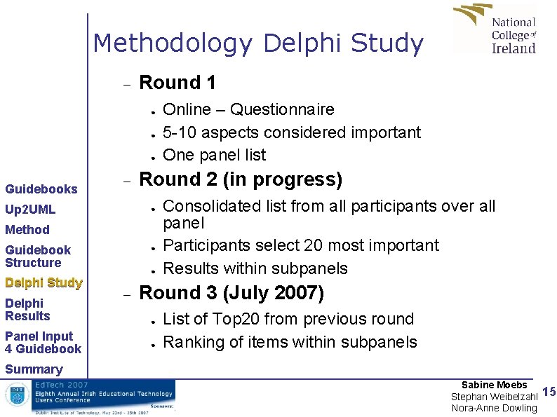 Methodology Delphi Study Round 1 ● ● ● Guidebooks Up 2 UML Round 2 Methodology Delphi Study Round 1 ● ● ● Guidebooks Up 2 UML Round 2