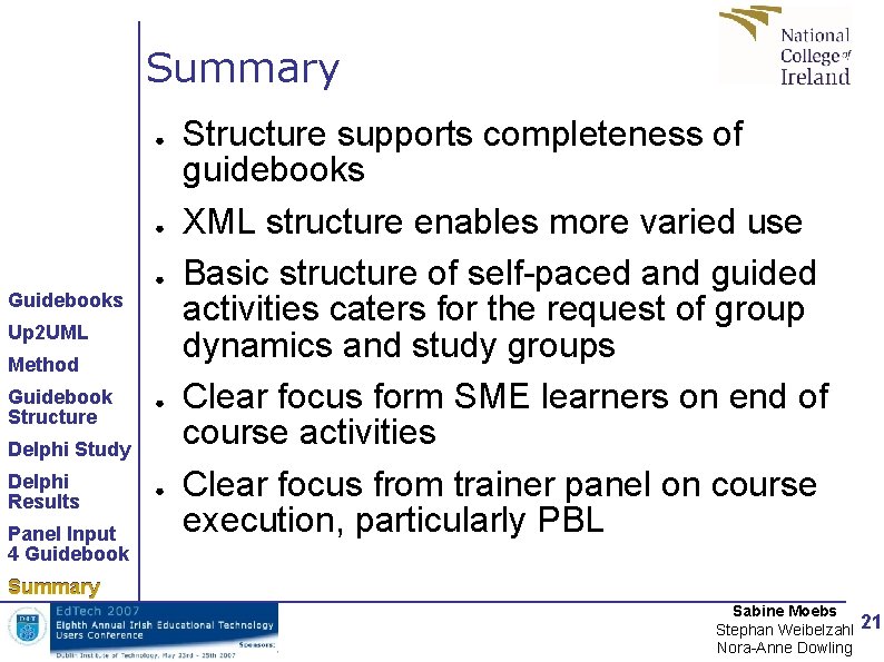 Summary ● ● ● Guidebooks Up 2 UML Method Guidebook Structure ● Delphi Study Summary ● ● ● Guidebooks Up 2 UML Method Guidebook Structure ● Delphi Study